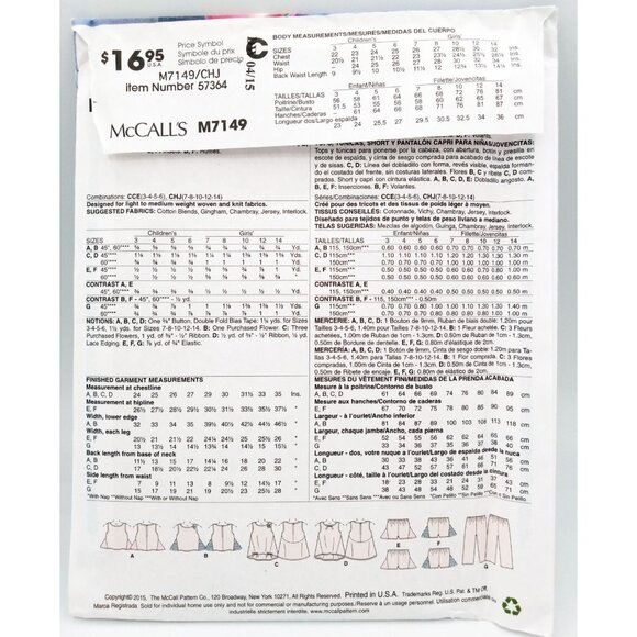 McCalls Pattern M7149 Size CHJ 7-14 Child Girl Top Tunic Shorts and Capris Uncut - Picture 2 of 2